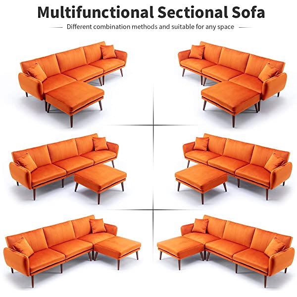 JOMEED Convertible Sectional Sofa Bed with Adjustable Backrest Modern Velvet Fabric L-Shaped Couch with Extra 2 Pillows Wide Chaise Lounge for Living Room (Orange)